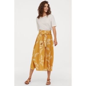 H&M • Linen Blend Mustard Palm Print Midi Skirt